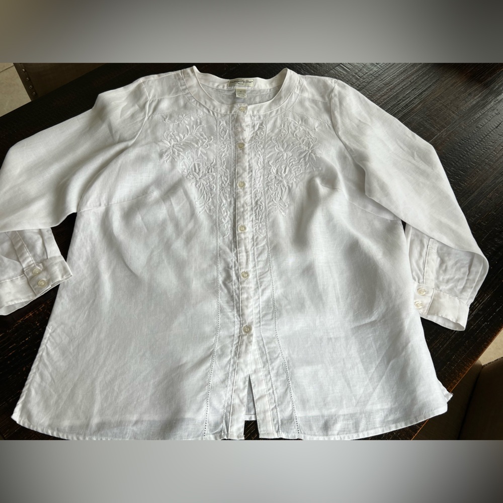 Cambridge Dry Goods White 100% Linen Floral Embroidered Button Down Shirt 1X - Picture 15 of 15